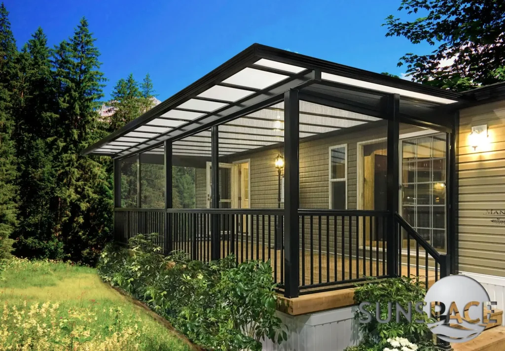 Screened Porch with wood deck and seating