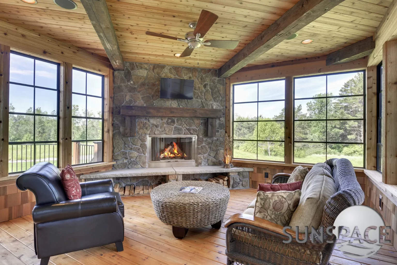 Cozy living room with fireplace and wood floors