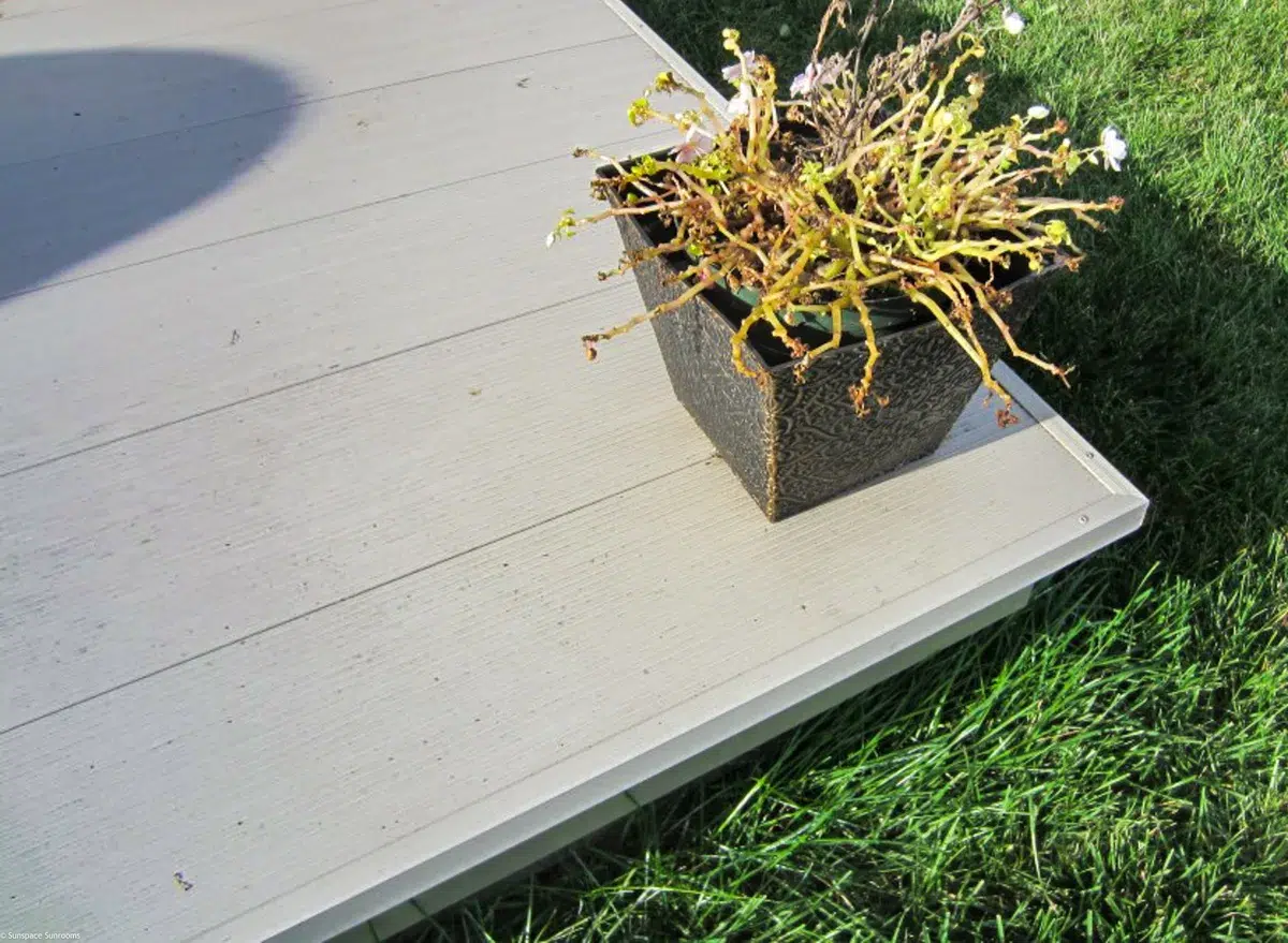 Small plant on a wooden deck with Aluminum Decking system.